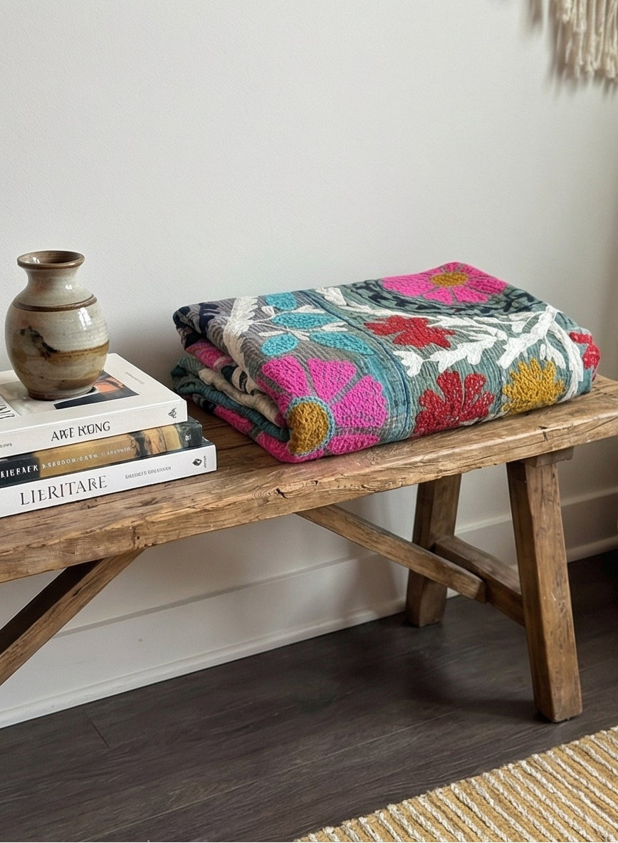Jewel Tone Bloom Luxury Vintage Hand-Made Kantha Throw Blanket