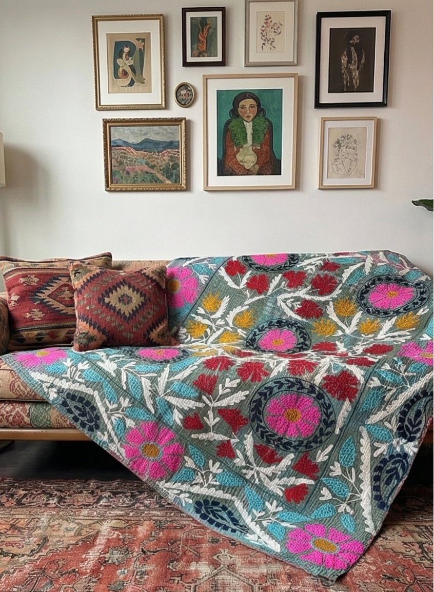 Jewel Tone Bloom Luxury Vintage Hand-Made Kantha Throw Blanket
