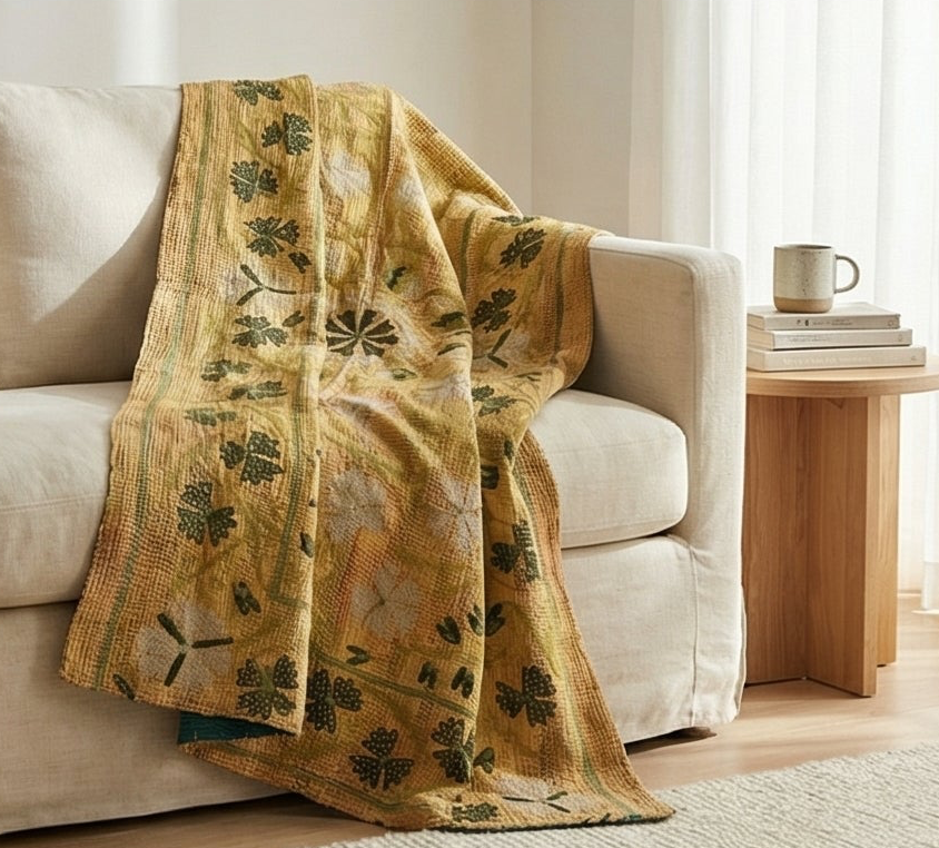 Golden Garden Luxury Vintage Suzani Kantha Throw Blanket