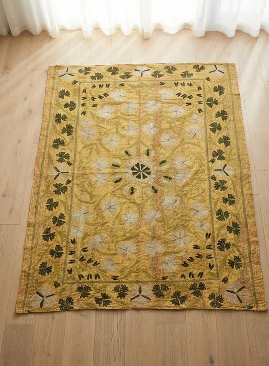 Golden Garden Luxury Vintage Suzani Kantha Throw Blanket