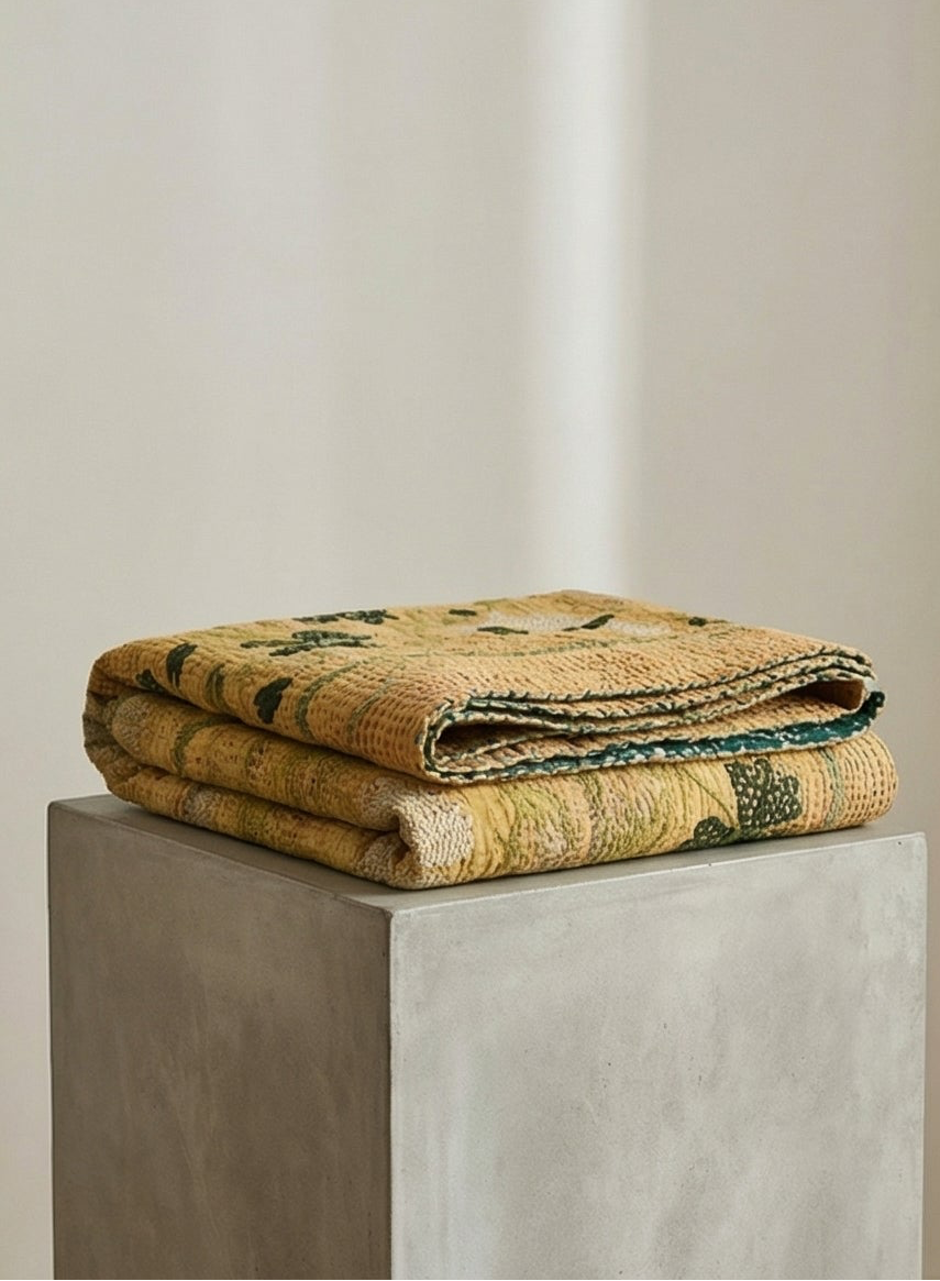 Golden Garden Luxury Vintage Suzani Kantha Throw Blanket