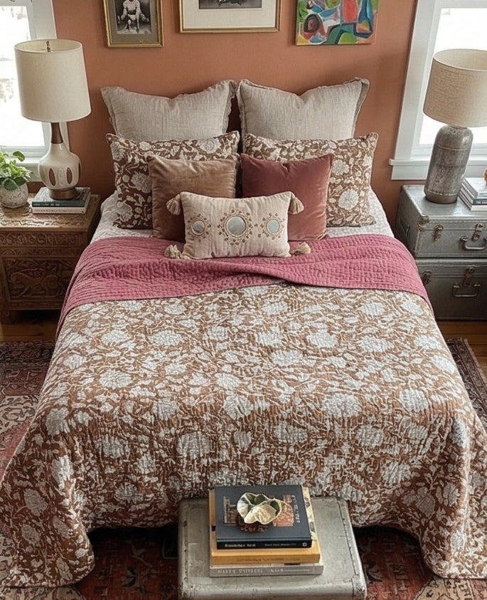 Saffron Rose Cotton Hand-Made Queen Kantha Bedspread