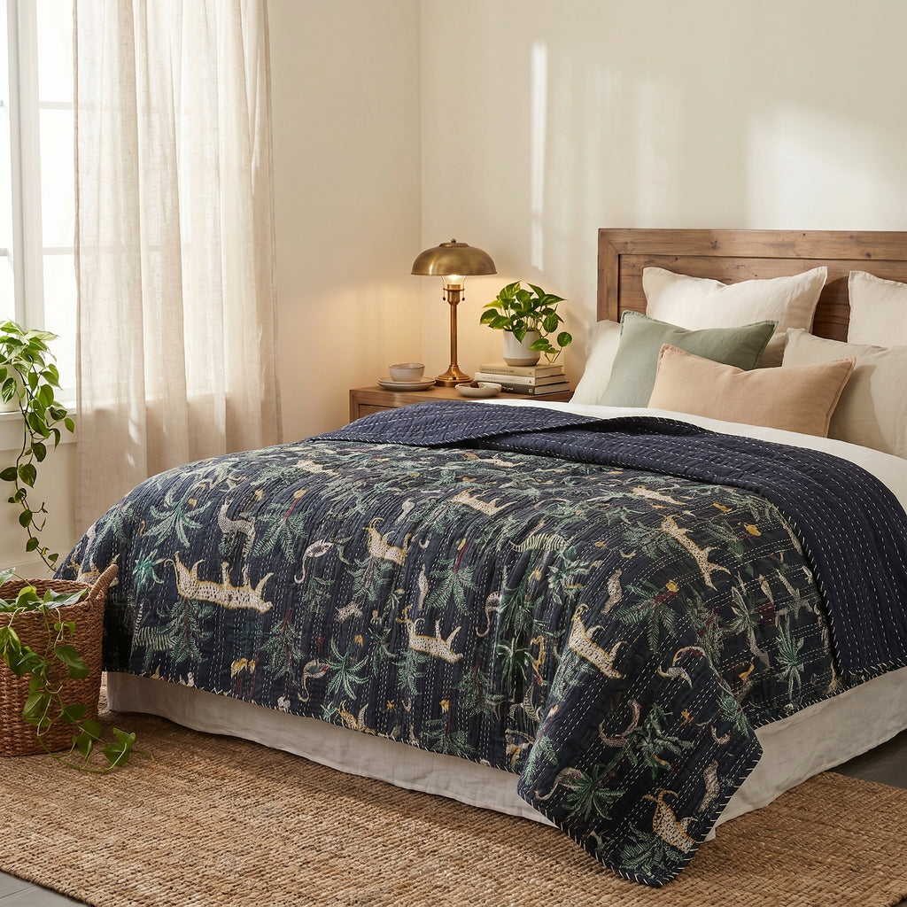 Midnight Jungle Reversible Kantha Queen Bedspread
