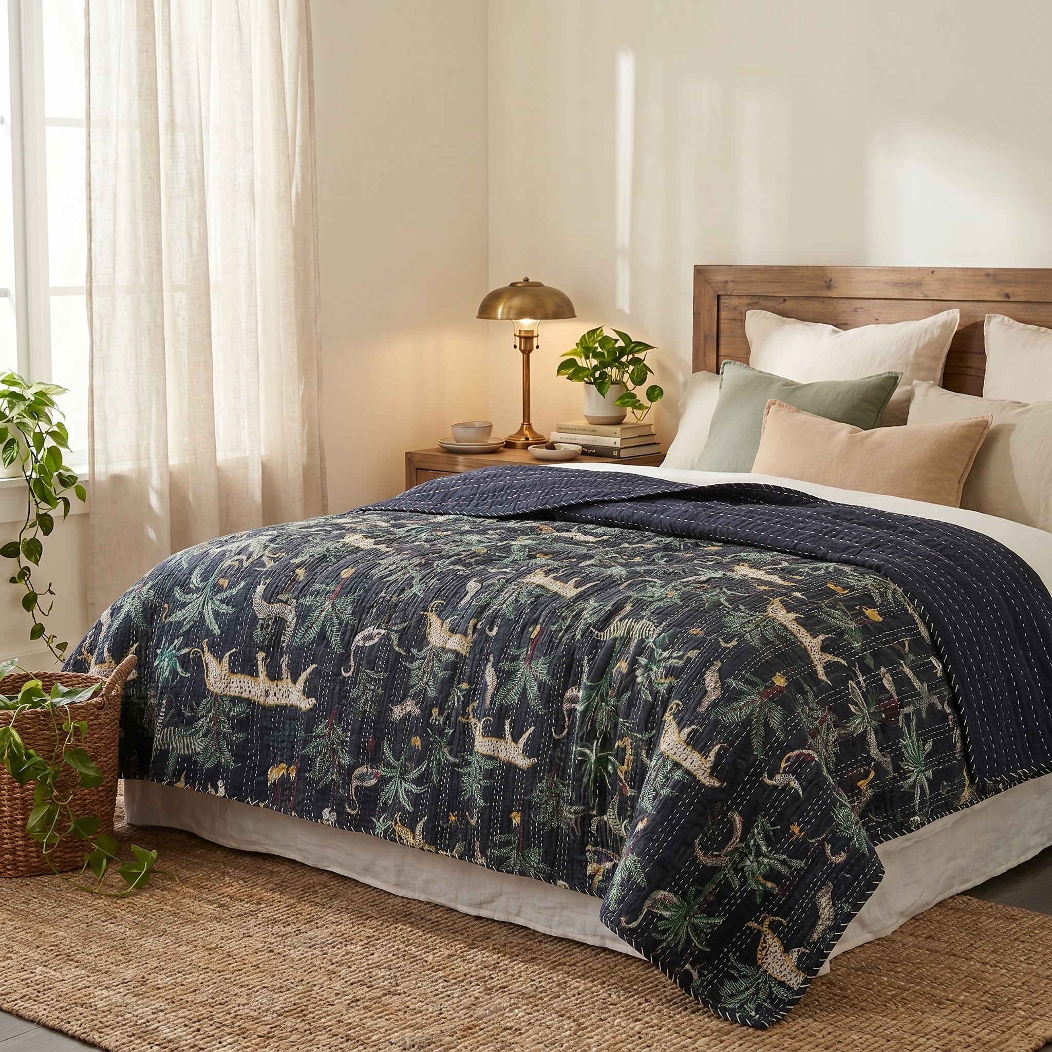 Midnight Jungle Reversible Kantha Queen Bedspread