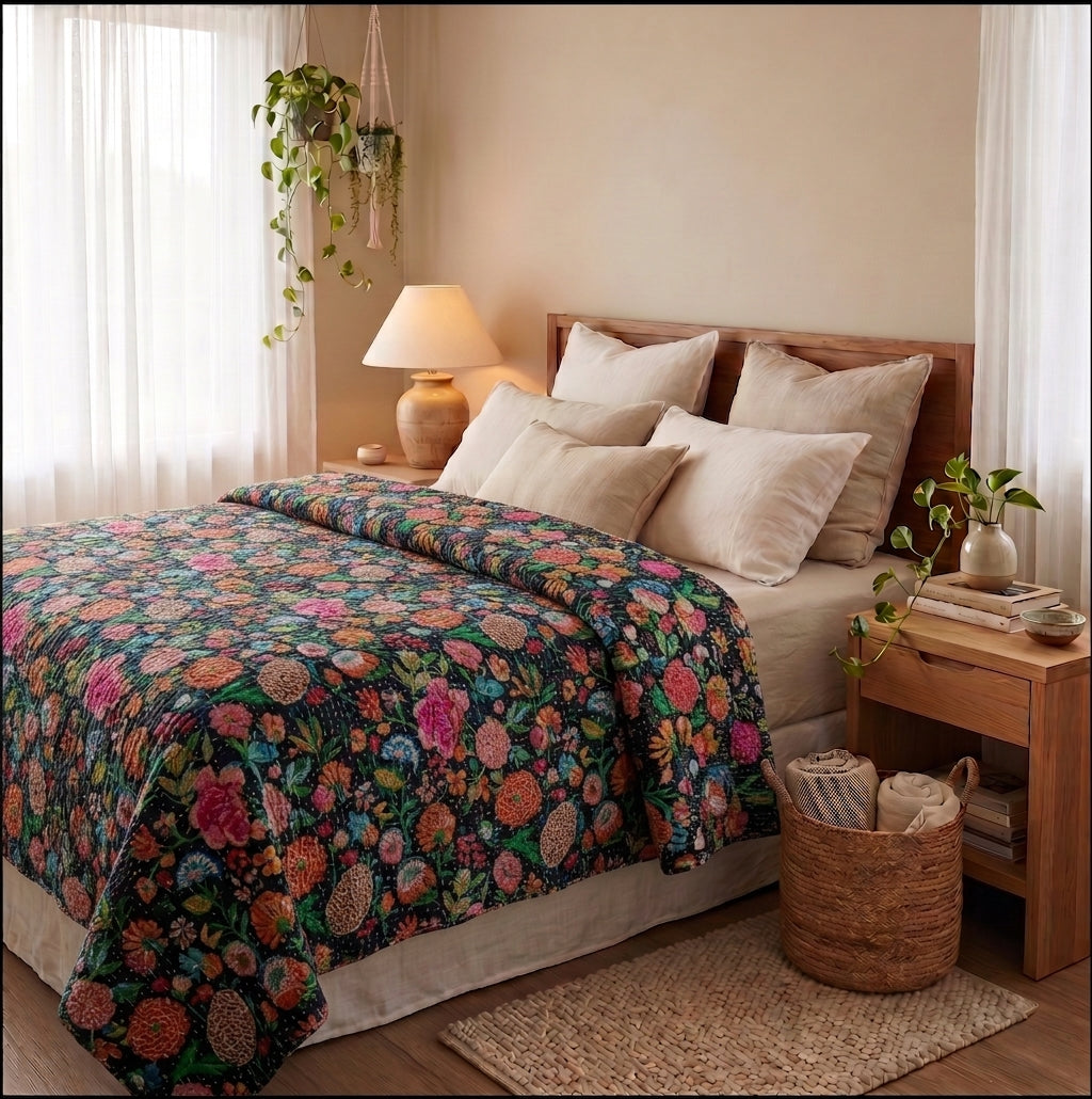 Bengal Rubellite Cotton Hand-Made Kantha bed spread