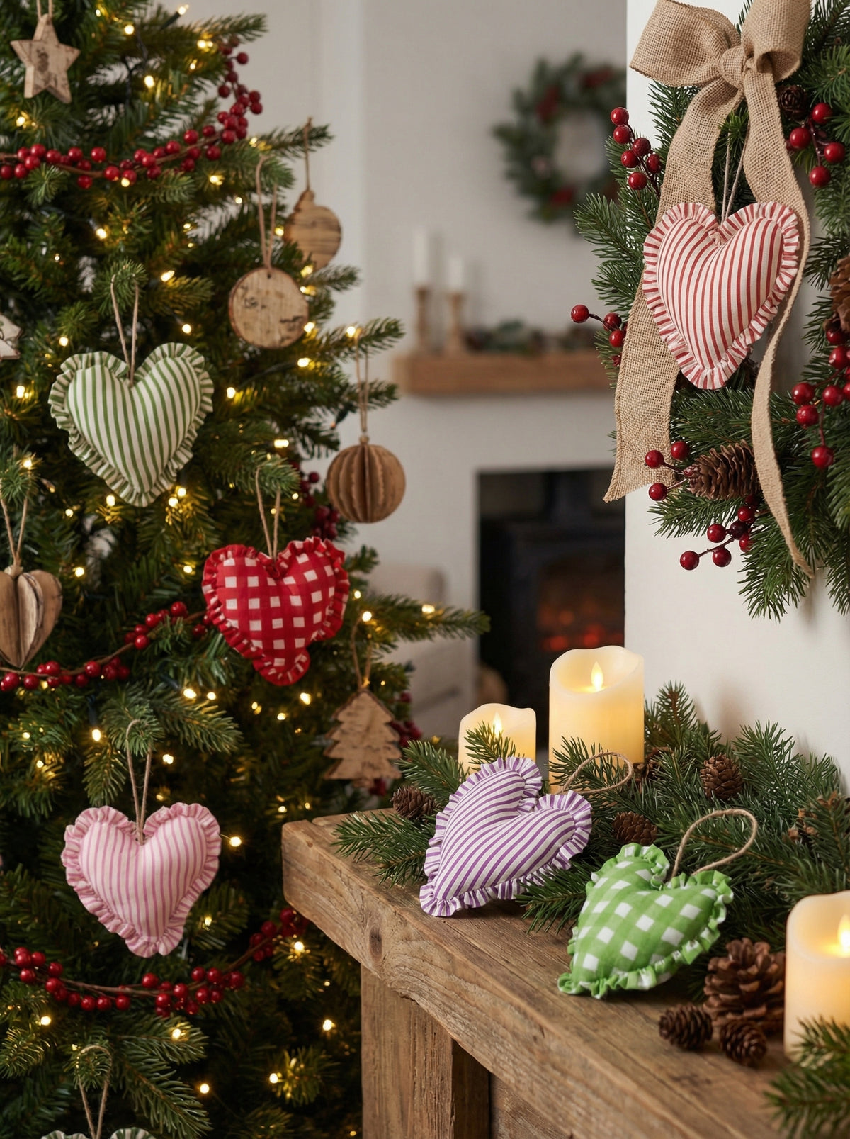 Heirloom Patchwork Heart Christmas Ornaments (Pack of 6)