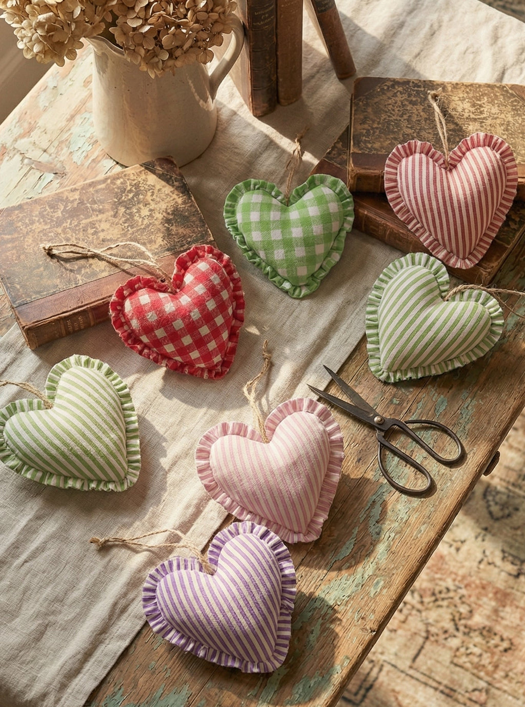 Heart-shaped decorative items on a rustic wooden table with a vase of dried flowers.