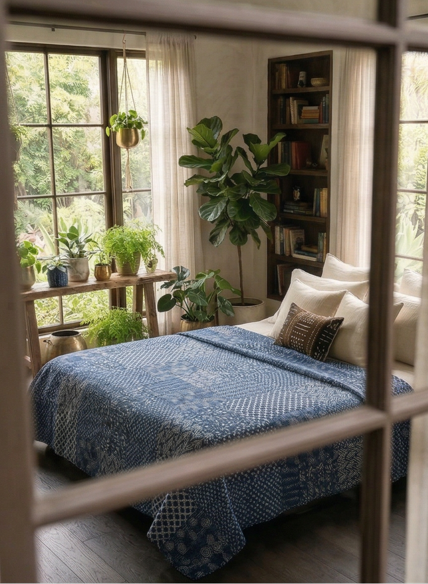 Indigo Patchwork Kantha Queen Bed-spread (Reversible)