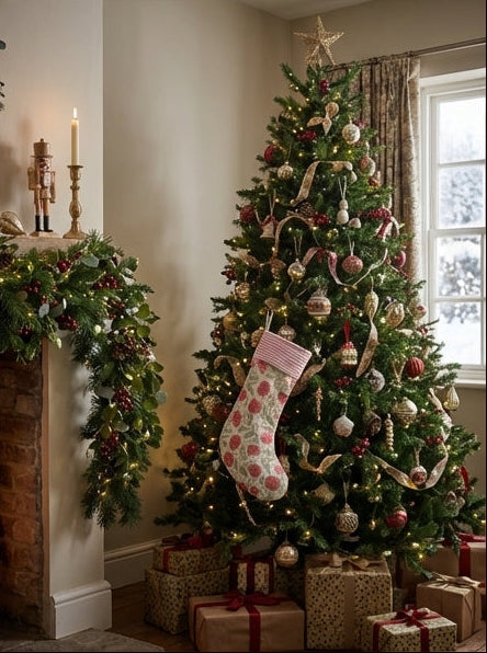 Collage of Christmas decorations including stockings, garlands, and a tree.