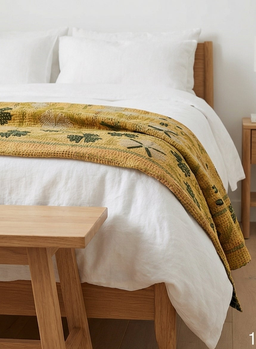 Golden Garden Luxury Vintage Suzani Kantha Throw Blanket