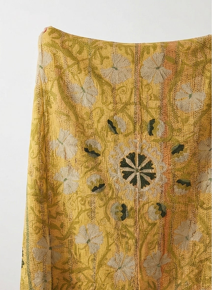 Golden Garden Luxury Vintage Suzani Kantha Throw Blanket