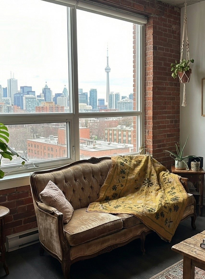 Golden Garden Luxury Vintage Suzani Kantha Throw Blanket