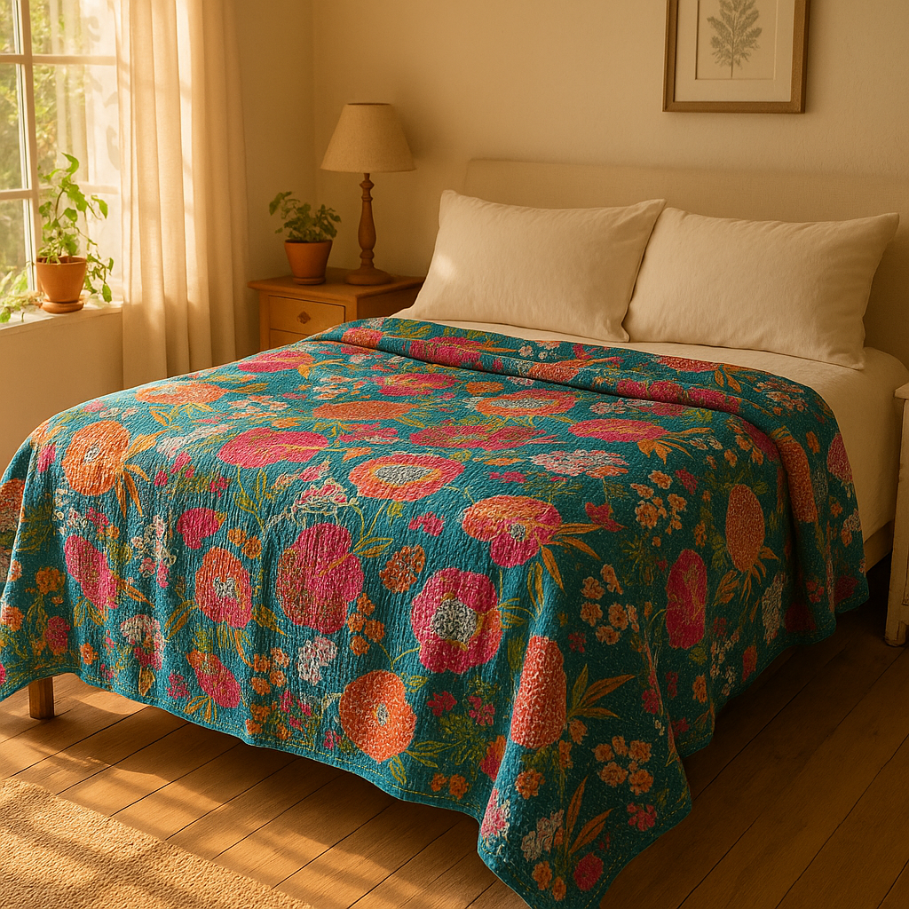 Wild blue orchard kantha throw