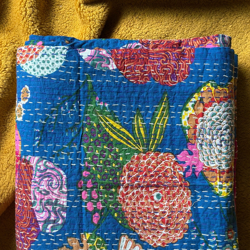 Wild blue orchard kantha throw