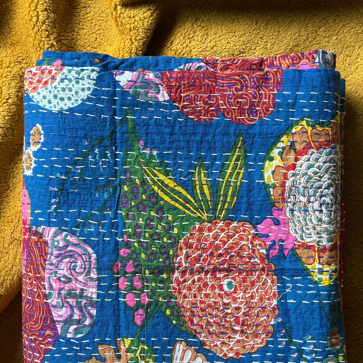 Wild blue orchard kantha throw