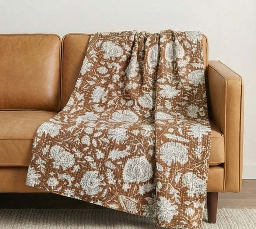 Saffron Rose Cotton Hand-Made Kantha Throw Blanket