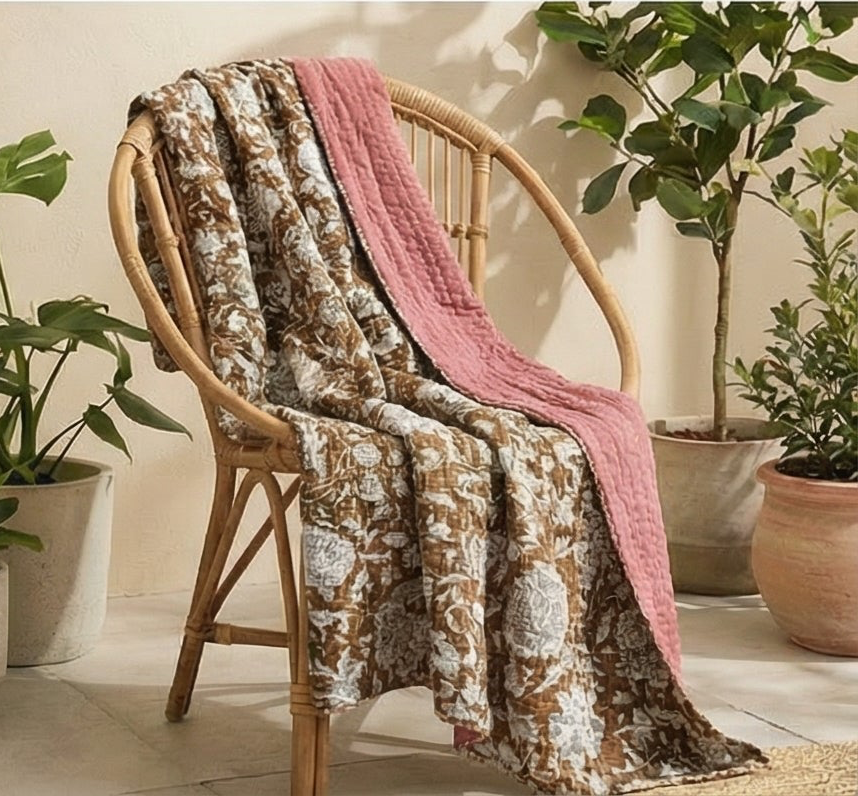 Saffron Rose Cotton Hand-Made Kantha Throw Blanket