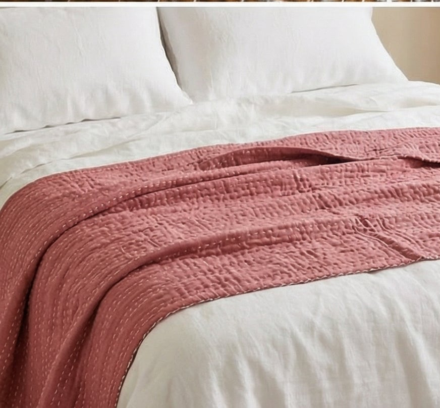 Saffron Rose Cotton Hand-Made Kantha Throw Blanket