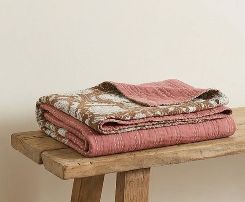 Saffron Rose Cotton Hand-Made Kantha Throw Blanket