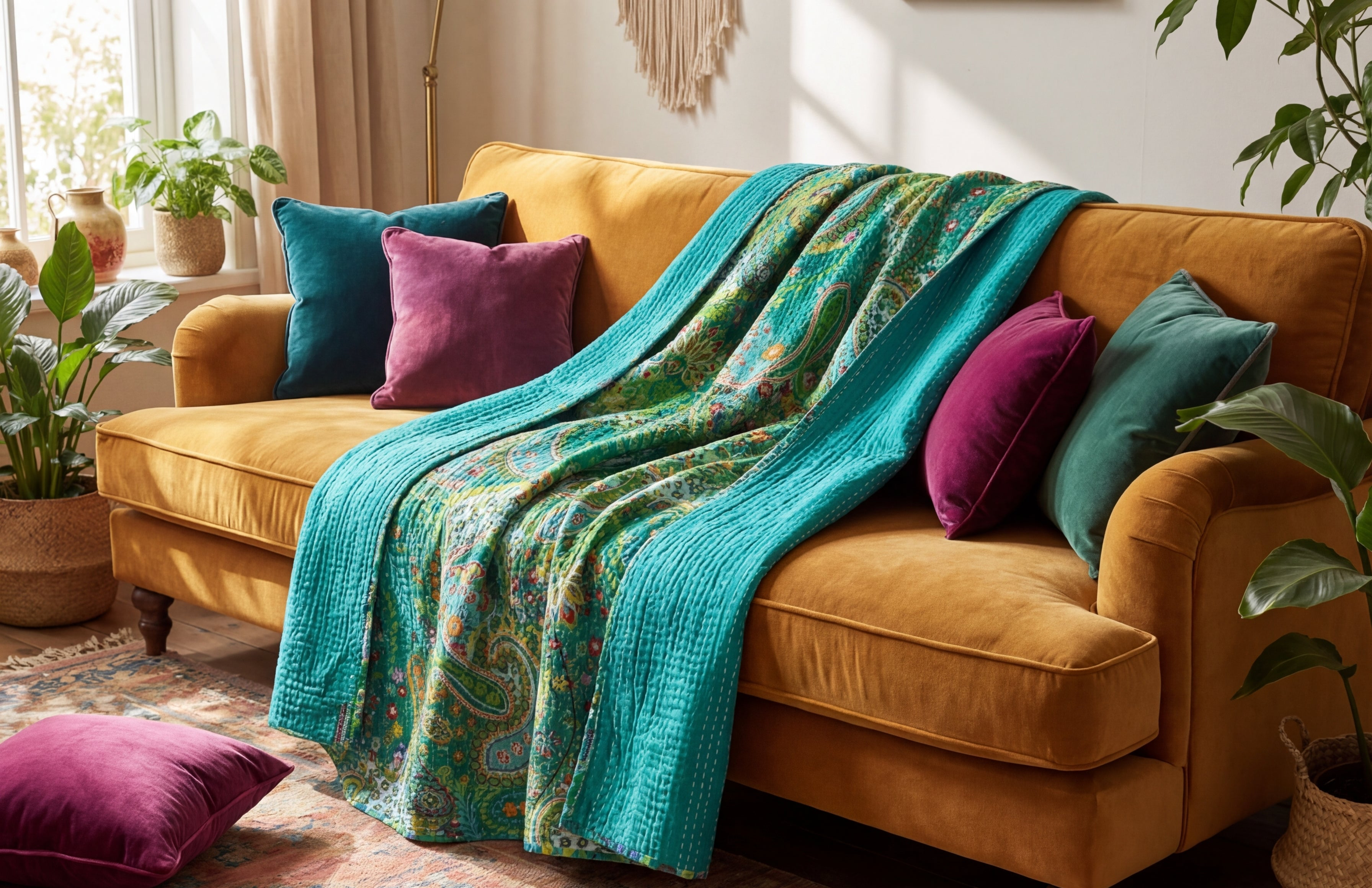 Emerald Peace Cotton Hand-Made Kantha Throw Blanket