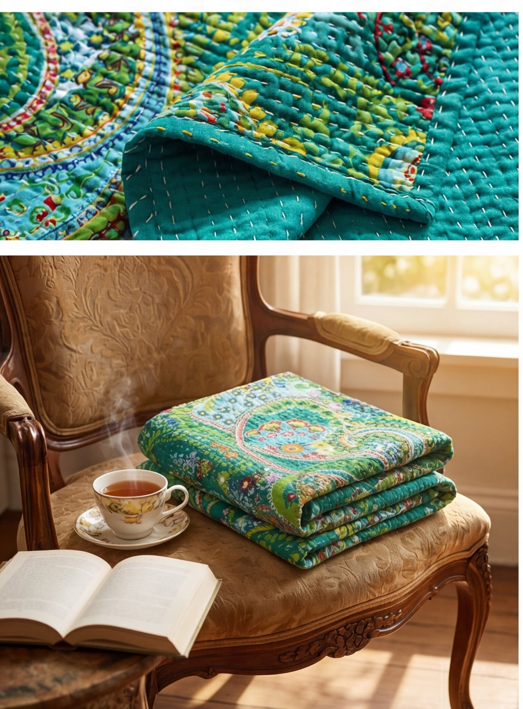 Emerald Peace Cotton Hand-Made Kantha Throw Blanket