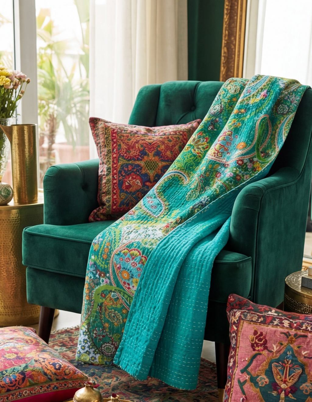 Emerald Peace Cotton Hand-Made Kantha Throw Blanket