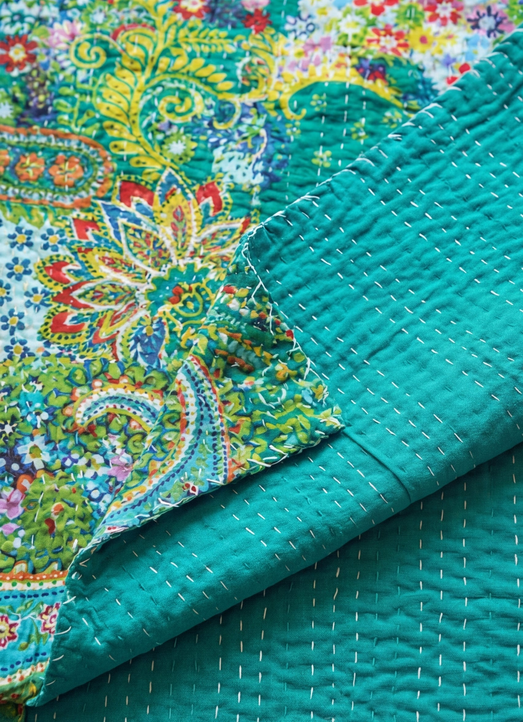 Emerald Peace Cotton Hand-Made Kantha Throw Blanket