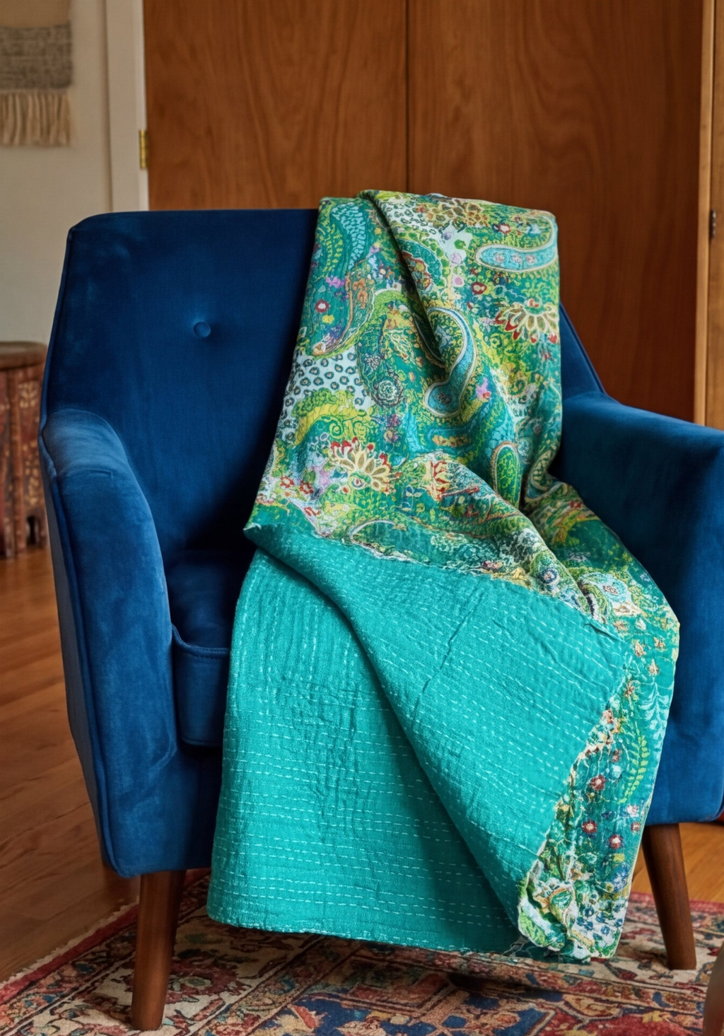 Emerald Peace Cotton Hand-Made Kantha Throw Blanket