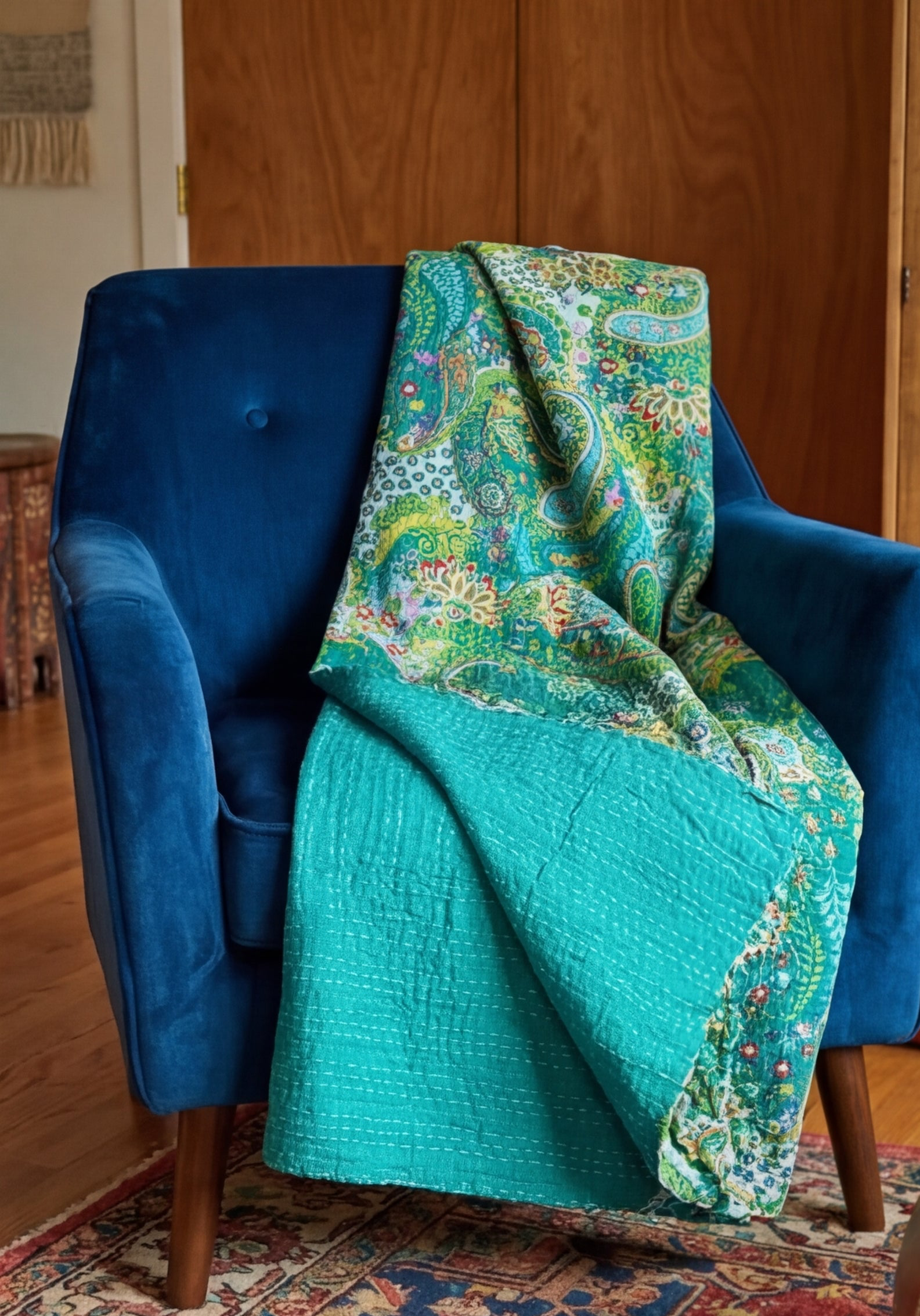 Emerald Peace Cotton Hand-Made Kantha Throw Blanket