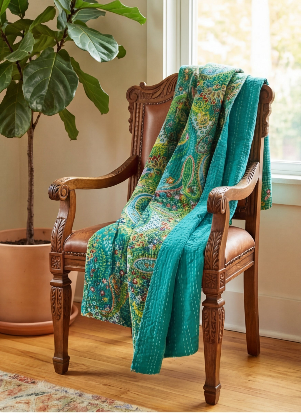 Emerald Peace Cotton Hand-Made Kantha Throw Blanket