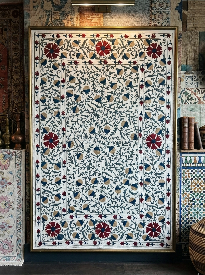 Wandering Stone Hand-Embroidered Cotton Suzani Throw