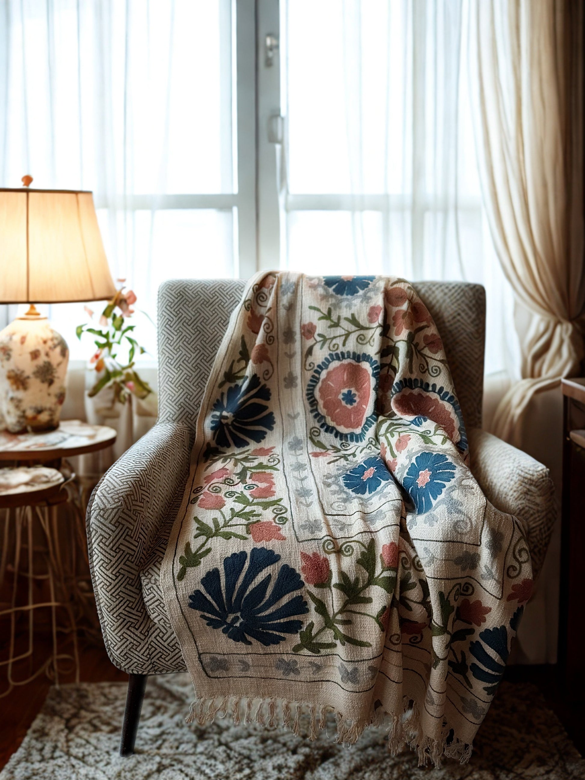 Chirping birds Hand Embroidered Throw Blanket