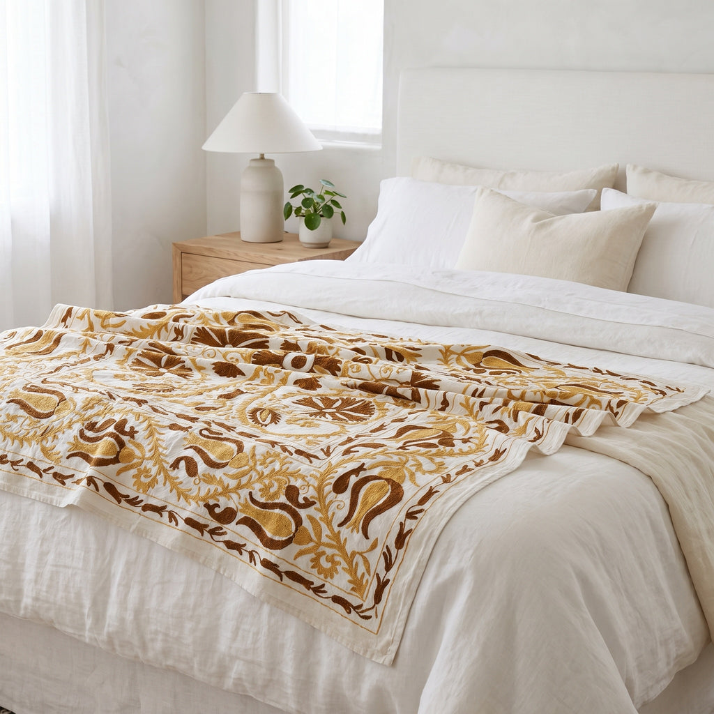 Plaid Suzani en coton brodé main Whispering Dawn