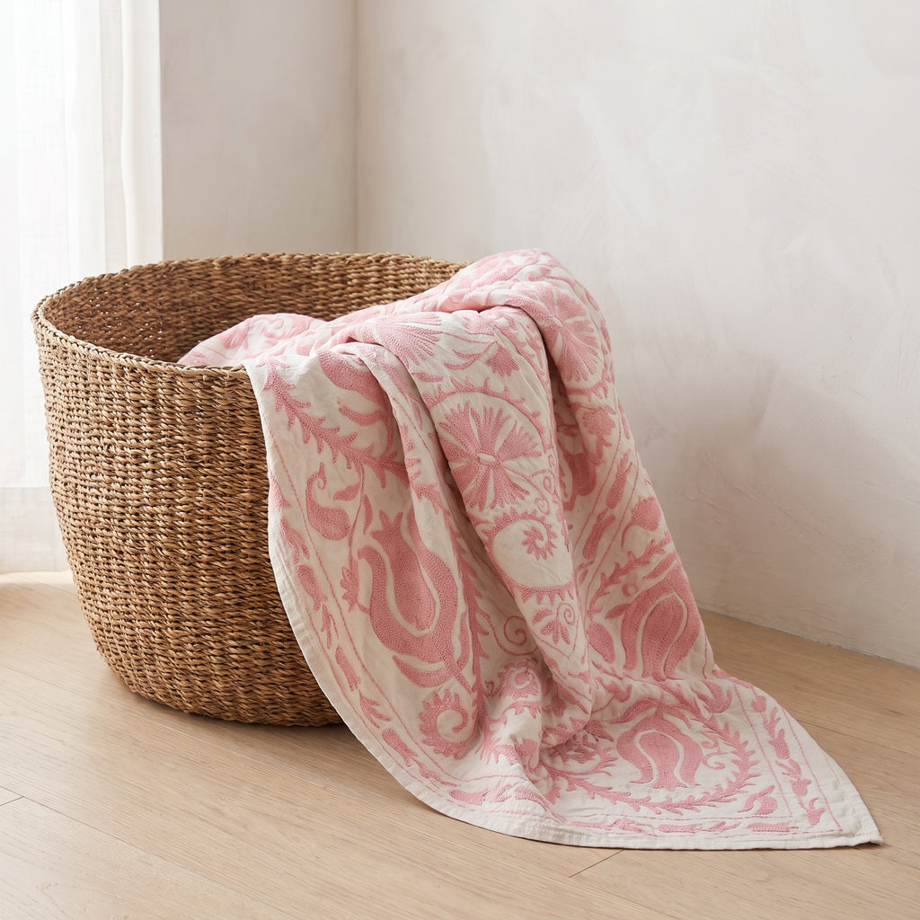 Garden Bloom Hand-Embroidered Cotton Suzani Throw