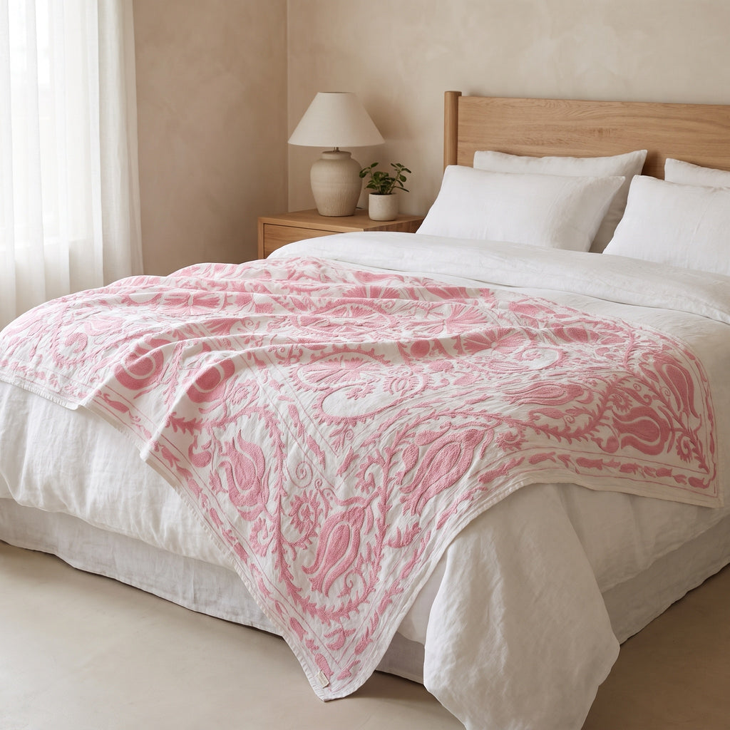 Garden Bloom Hand-Embroidered Cotton Suzani Throw