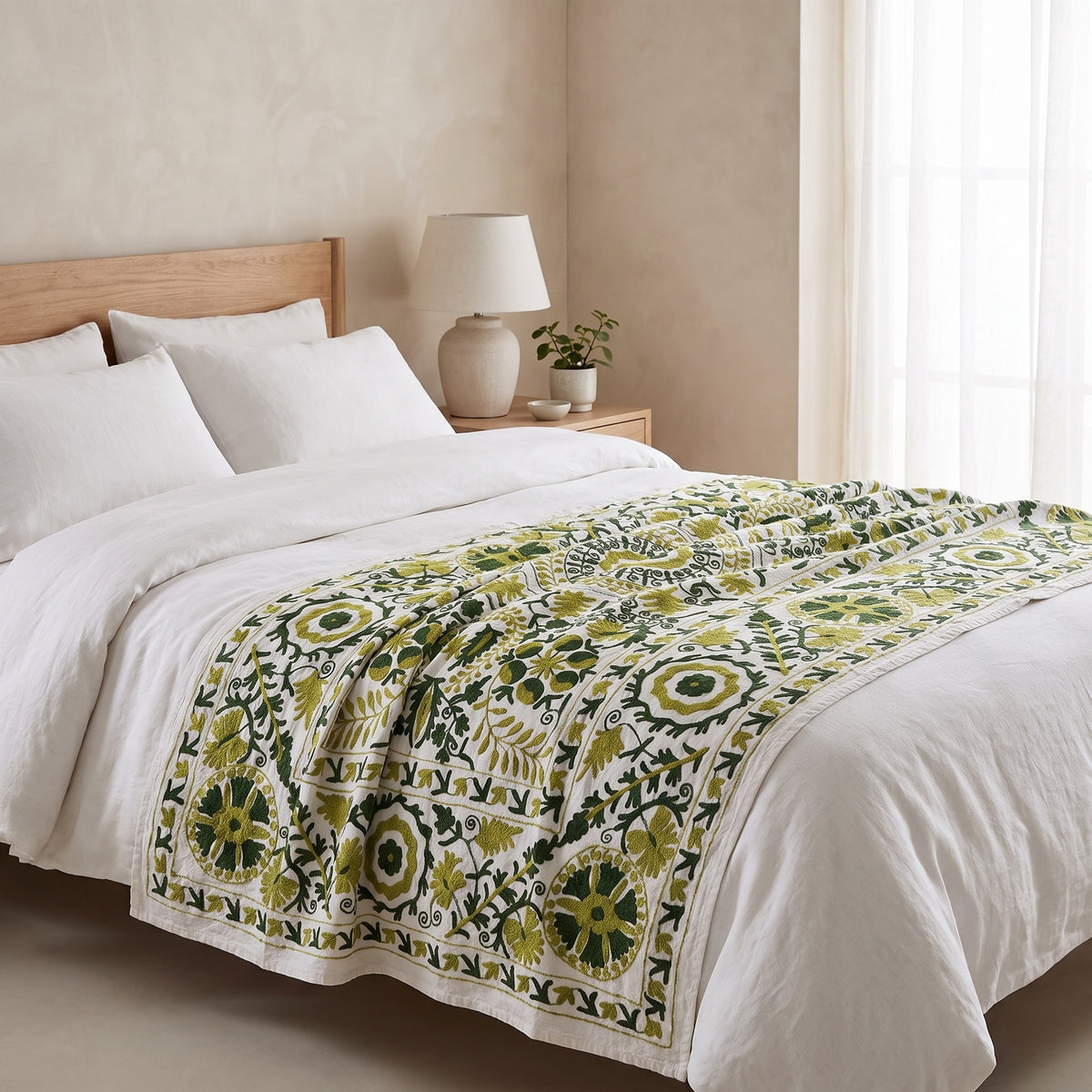 Whisper Mist Hand-Embroidered Cotton Suzani Throw