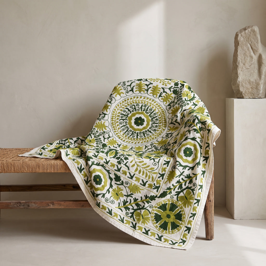 Whisper Mist Hand-Embroidered Cotton Suzani Throw