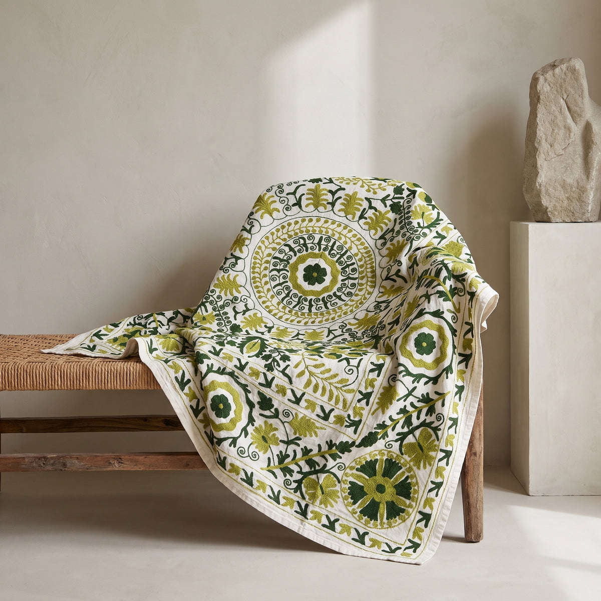Whisper Mist Hand-Embroidered Cotton Suzani Throw
