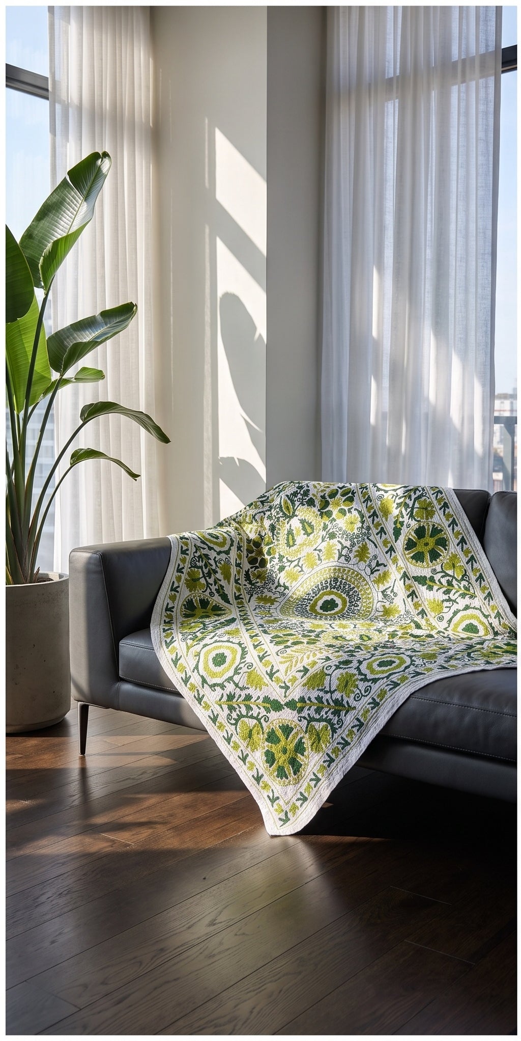 Whisper Mist Hand-Embroidered Cotton Suzani Throw