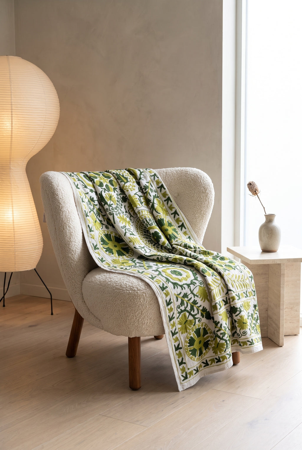 Whisper Mist Hand-Embroidered Cotton Suzani Throw