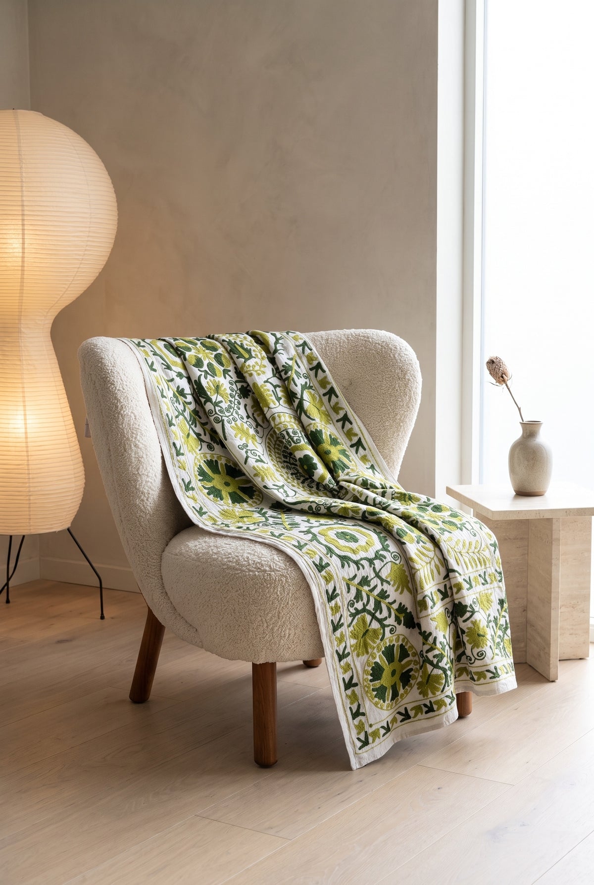 Whisper Mist Hand-Embroidered Cotton Suzani Throw