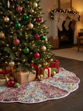 Patterned Christmas tree skirt with close-up and full view on a dark surface.