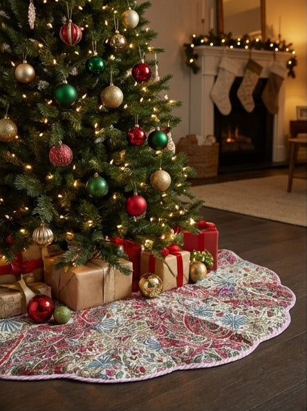 Patterned Christmas tree skirt with close-up and full view on a dark surface.