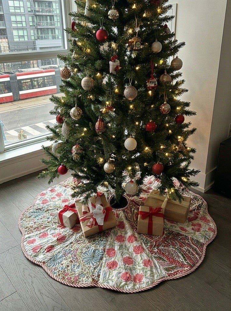 Collage of Christmas tree skirts with different patterns and designs.