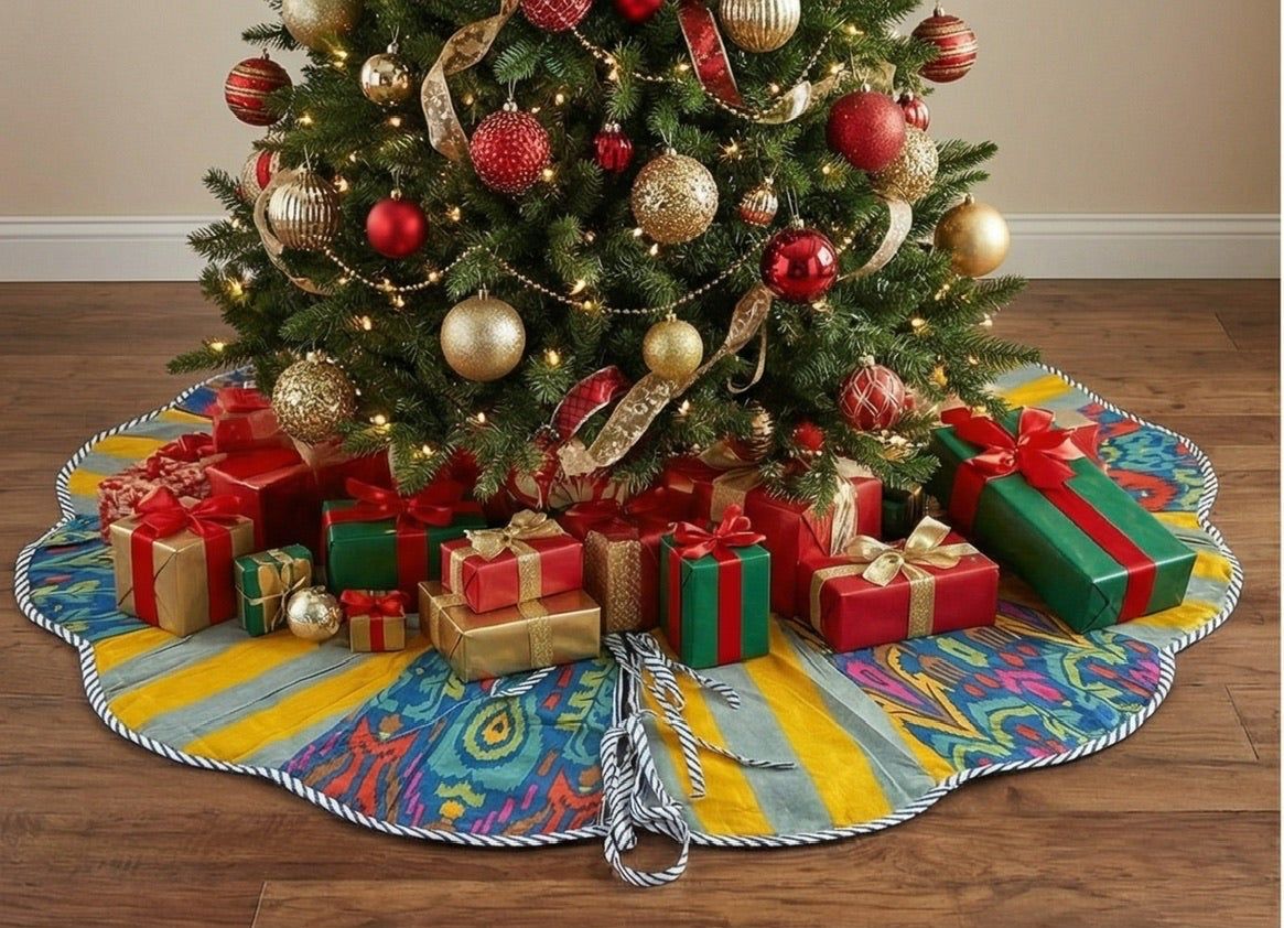 Colorful Christmas tree skirts displayed with decorated trees and presents.