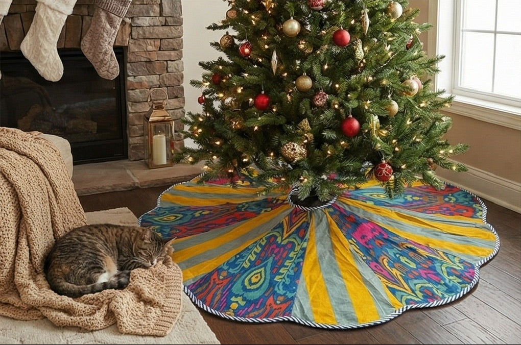 Colorful Christmas tree skirts displayed with decorated trees and presents.