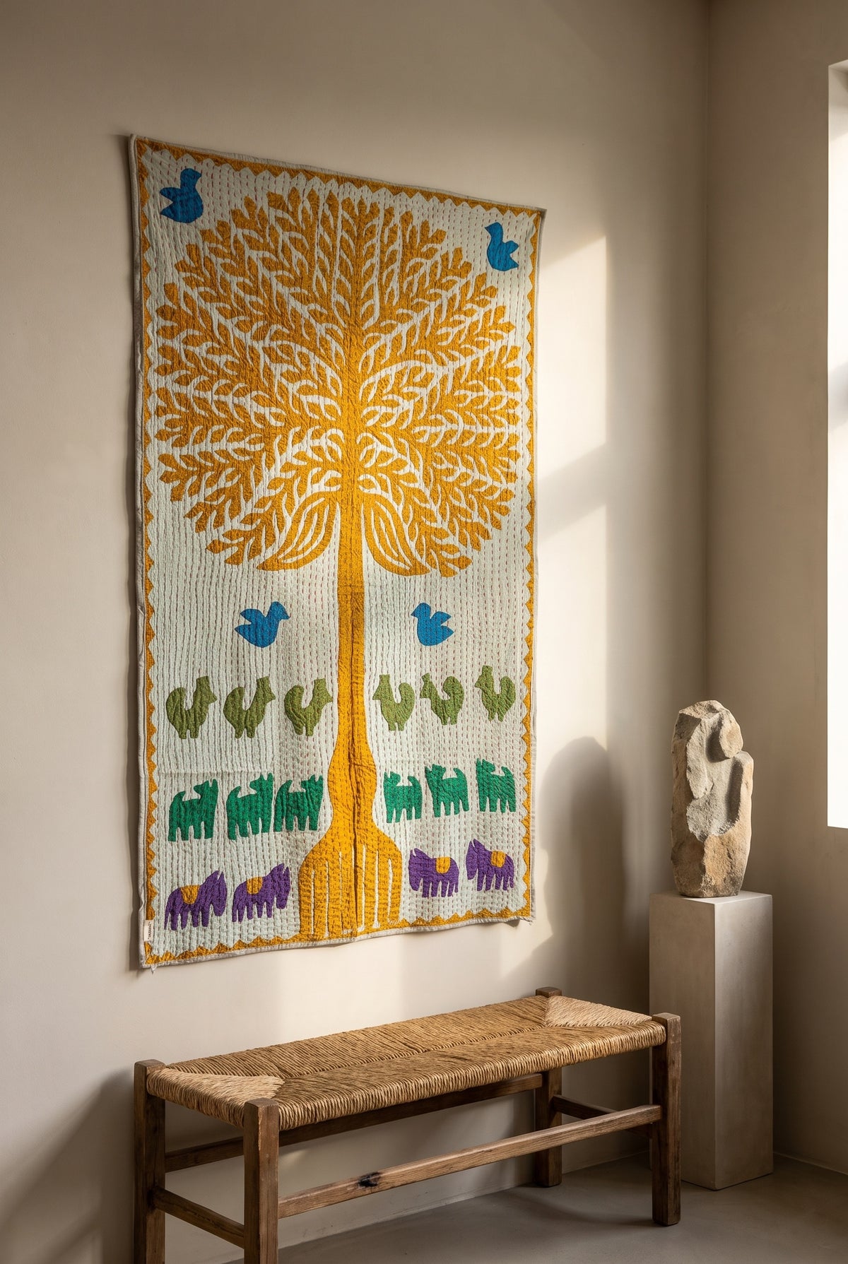 Serene Lotus Kantha Appliqué Pure Cotton Wall Hanging — styled room arrangement