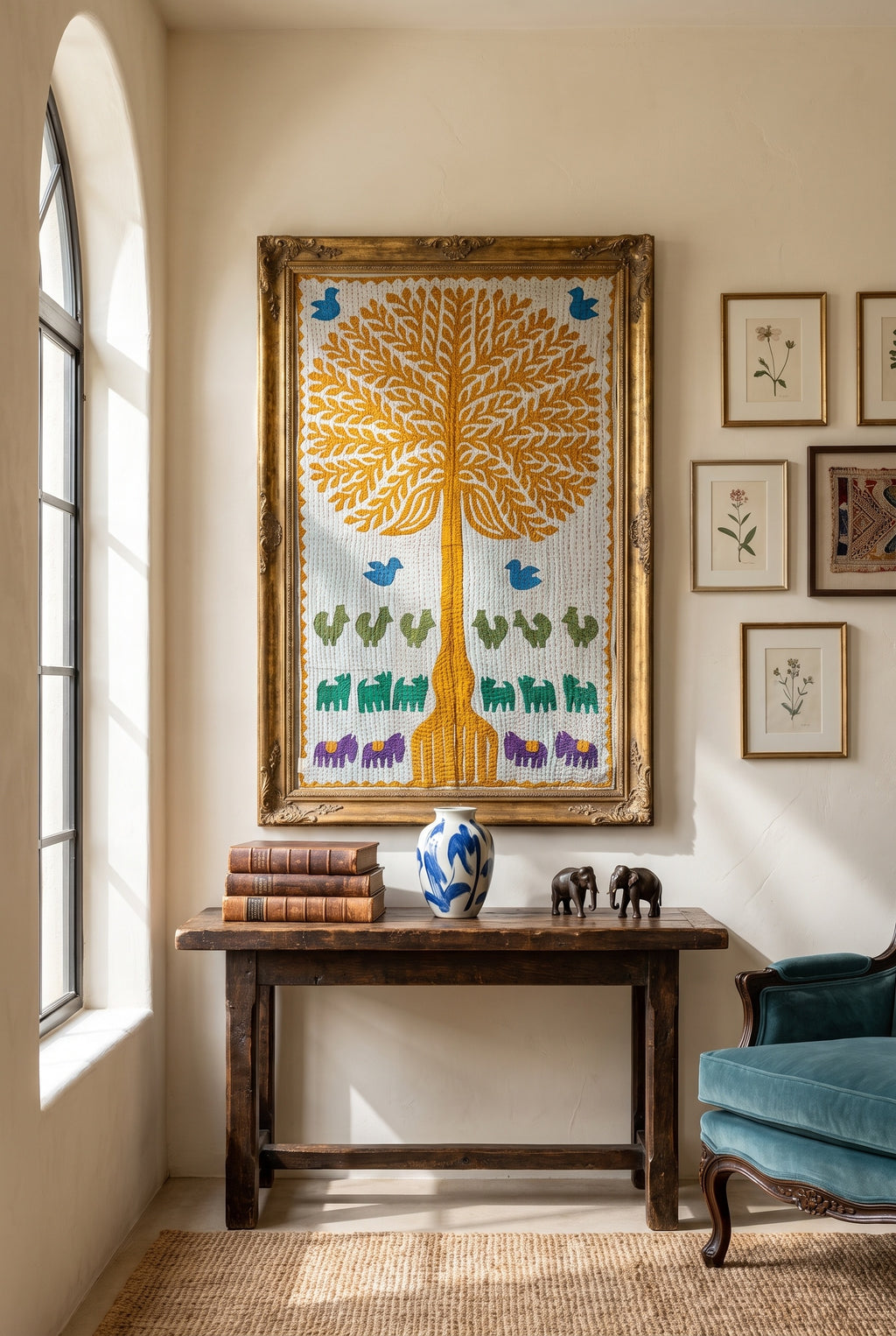 Serene Lotus Kantha Appliqué Pure Cotton Wall Hanging — styled wall hanging in room