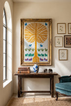 Serene Lotus Kantha Appliqué Pure Cotton Wall Hanging — styled wall hanging in room