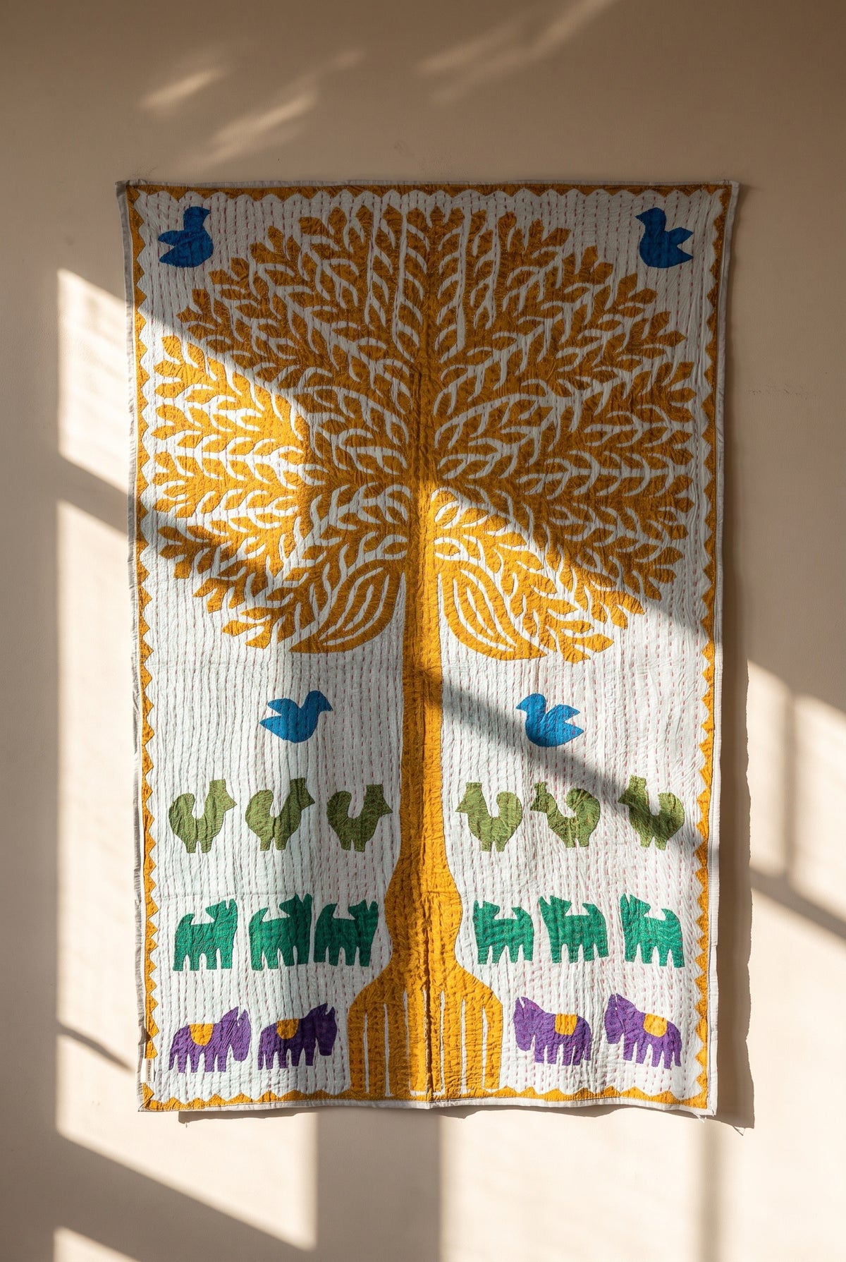 Serene Lotus Kantha Appliqué Pure Cotton Wall Hanging — decorative wall layout